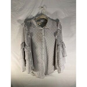 NWT Listical Swiss Dot Top Blouse  Women's Large Gray Boho Ruffle Sleeves.